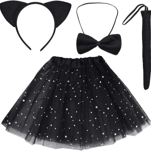 Black Cat Costume Set Cat Ears Headband Tail Bowtie Tutu-Halloween, Dress Up, Ki - Picture 1 of 7